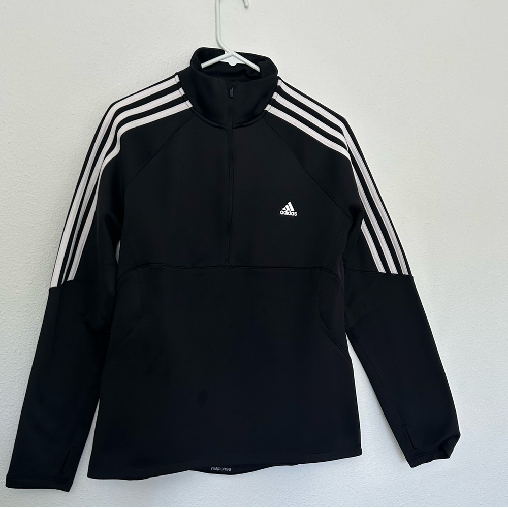 Adidas Black Half-Zip Pullover with White Stripes.